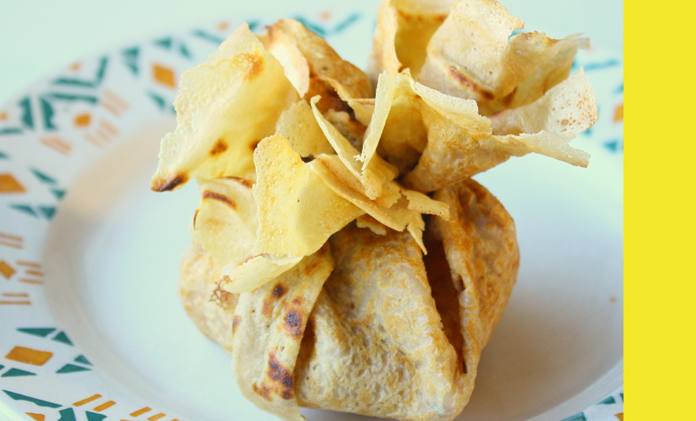 Aumônière de pommes de terre et saumon fumé à la coriandre