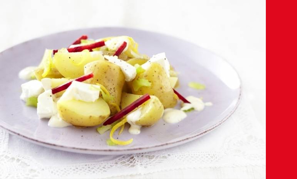 Pommes de terre fromage de chèvre frais et betterave, sauce raifort